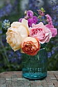 BOUQUET OF ROSA A SHROPSHIRE LAD, GRAHAM THOMAS, LADY EMMA HAMILTON AND RAINBOW KNOCKOUT IN ANTIQUE MASON CANNING JAR