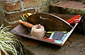 GARDEN TOOLS IN WOODEN TRUG,  WIH DIBBERS STRING AND KNIVES