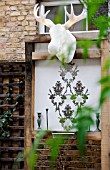 THE DRAWING ROOM GARDEN  URBAN LONDON GARDEN  WATER FEATURE AND MOOSE HEAD WITH FILIGREE PATTERN WALL PLAQUE  DESIGNED BY: EARTH DESIGNS.