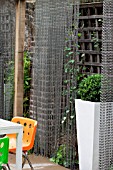 THE DRAWING ROOM GARDEN  URBAN LONDON GARDEN  CHAIN SCREENS WITH BUXUS IN TALL CONTAINER  DESIGNED BY: EARTH DESIGNS.