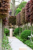 THE LAURENT PERRIER BICENTENARY GARDEN, DESIGNER ARNE MAYNARD, RHS CHELSEA FLOWER SHOW 2012.  FOCAL POINT PATH WITH PLEACHED FAGUS SYLVATICA PURPUREA - COPPER BEECH