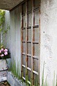 RHS CHELSEA FLOWER SHOW 2013,   THE WASTELAND GARDEN, DESIGNER KATE GOULD.  GOLD MEDAL WINNER  FLATTENED WASHING MACHINE DRUM USED FOR FEATURE ON WALL.