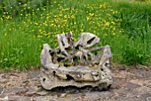 ARMCHAIR MADE FROM OLD TREE STUMP AT BIDDESTONE MANOR, WILTS