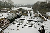 CAMERS, NEAR BRISTOL, FORMAL COUNTRY GARDEN IN SNOW