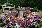 STATUE OF LITTLE GIRL AND WATER FEATURE SURROUNDED BY DIANTHUS BARBATUS (SWEET WILLIAMS)