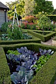 VEGETABLE GARDEN WITH BOX EDGING AND METAL SWEET PEA WIGWAM