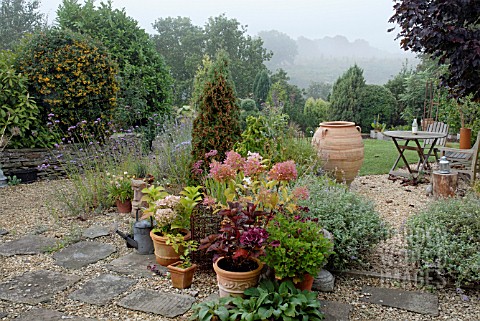 MIXED_LATE_SUMMER_BORDERS_WITH_POTS_ON_PATIO_IN_COTTAGE_STYLE_GARDEN