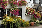 HANGING BASKETS AND WINDOW BOXES AT THE CROSS KEYS IN USK,  WALES