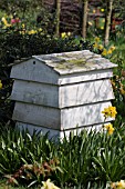 BEEHIVE COMPOSTER IN MEADOW OF NARCISSUS,  DAFFODILS
