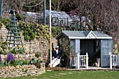 CRICKET PAVILLION AND FLOWER POT CRICKETER AT MILL DENE GARDEN,  BLOCKLEY,  MAY