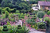 VIEW OF CAT SCULPTURE LOOKING INTO THE WATER,  AND THE GARDEN AT MILL DENE GARDEN,  BLOCKLEY,  GLOUCESTERSHIRE,  JUNE