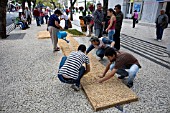 PREPARING THE FLOWERS TO LINE THE STREETS FOR THE FESTA DES FLORES, FUNCHAL, MADEIRA