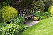 SEATING AREA IN SHADE AT ASHOVER,  STREETLY,  NGS,  MAY