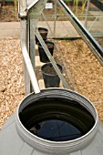 CONSERVING RAINWATER FROM A GREENHOUSE GUTTER,  AT RYTON ORGANIC GARDEN,  COVENTRY,