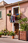 POTS AND TUBS BY A FRONT DOOR IN MARSEILLAN, FRANCE