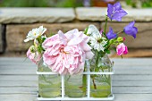 NIGELLA DAMASCENA, ROSA, CAMPANULA, IN MILK BOTTLES