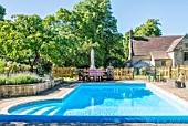 SWIMMING POOL AND SEATING AREA IN SUMMER