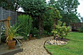 GRAVEL PATH IN GARDEN,  COPPER WATER FEATURE