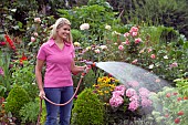 WOMAN WATERING FLOWERS IN GARDEN BED