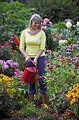WOMAN WATERING FLOWERS IN GARDEN BED WITH WATERING CAN