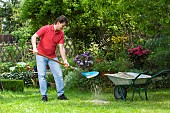 LAWN ACTION SPREADING SAND TO IMPROVE DRAINAGE IN GRASS