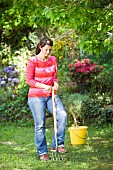 LADY AERATING LAWN WITH FORK