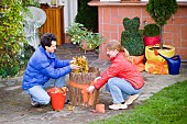 WINTER PROTECTION OF ROSE STANDARD USING BUBBLE WRAP, WITH A HURDLE MADE OF TWIGS AND ADDING LEAVES FOR INSULATION.