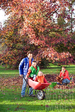 FAMILY_ENJOYING_CLEARING_LEAVES_FROM_BENEATH_TREE_CHILDREN_BEING_PUSHED_IN_BARROW