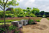 SEATS IN THE DRIFTS OF GRASS GARDEN IN SCAMPSTON WALLED GARDEN