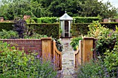 OPEN WOODEN GATE, BRICK PATH LEADING TO SUMMERHOUSE AT WOLLERTON OLD HALL