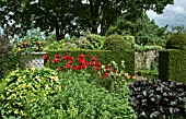 BORDERS OF HERBACEOUS PERENNIALS, YEW HEDGES, MATURE TREES AND SHRUBS AT WOLLERTON OLD HALL