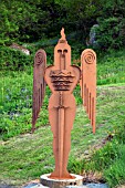 CONTEMPORARY HAND CRAFTED STEEL SCULPTURE OF WARRIOR WITH WINGS AND SWORD, GARDEN ART, WITHIN CONWY VALLEY MAZE