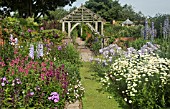 DEEP BORDERS OF MIXED COLOURS, GRASS PATH LEADING TO OAK PERGOLA AT WOLLERTON OLD HALL