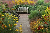 HOT BORDER WITH WOODEN BENCH AT WOLLERTON OLD HALL