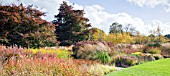 BORDERS IN LATE AUTUMN FROM GRASSES, SEEDHEADS, AND STEMS OF HERBACEOUS PERENNIALS, AT TRENTHAM GARDENS STAFFORDSHIRE IN NOVEMBER DESIGNED BY PIET OUDOLF