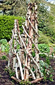 LARGE RUSTIC PYAMID MADE FROM WHITE BIRCH TREES IN THE DOROTHY CLIVE GARDEN