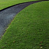 CURVED PATH THROUGH LAWN IN A LATE AUTUMN GARDEN IN NOVEMBER