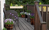 Decking area containers including wood planters holding shrubs perennials and annual flowers