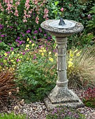 A plant lovers cottage garden colour combinations of pink roses and penstemon with deep purple geranium around sun-dial at Coley Cottage (NGS) Little Haywood, Staffordshire