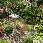 A plant lovers cottage garden with herbaceous perennials in border with gravel paths sun-dial at Coley Cottage (NGS) Little Haywood, Staffordshire