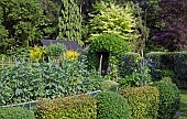 Vegetable garden surrounded by mature hedges and trees at Midwinters Garden Chorley Village Open Gardens in Shropshire