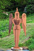 Contemporary hand crafted steel sculpture of Warrior with wings and sword, Garden Art