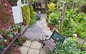 Patio area with seating, terracotta containers with shrubs and summer flowering plants