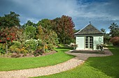 Gravel paths circle Summer House in aboretum