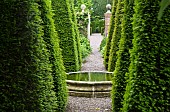 Tall yew spires in a cruciform, carved limestone wellhead, in the Well Garden