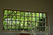 Garden with summer house windows looking out onto mature trees at                   Wollerton Old Hall (NGS) Market Drayton in Shropshire midsummer July