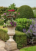 Stone urn on plith with well planted colour themed anuanls