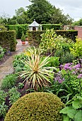 Borders of herbaceous perennials, paths, yew hedges, summerhouse, mature trees in outstanding country garden with a definite emphasis on perennials strong design and formality at Wollerton Old Hall (NGS) Market Drayton in Shropshire early summer June