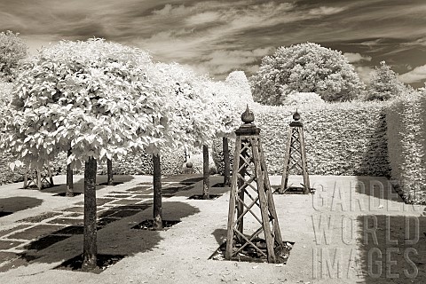 Infrared_photograph_wooden_obelisk_in_lawn_mature_hedges_and_trees