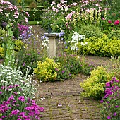 Scented Garden paved path leading to box hedging ornate sundial with butterfly feature